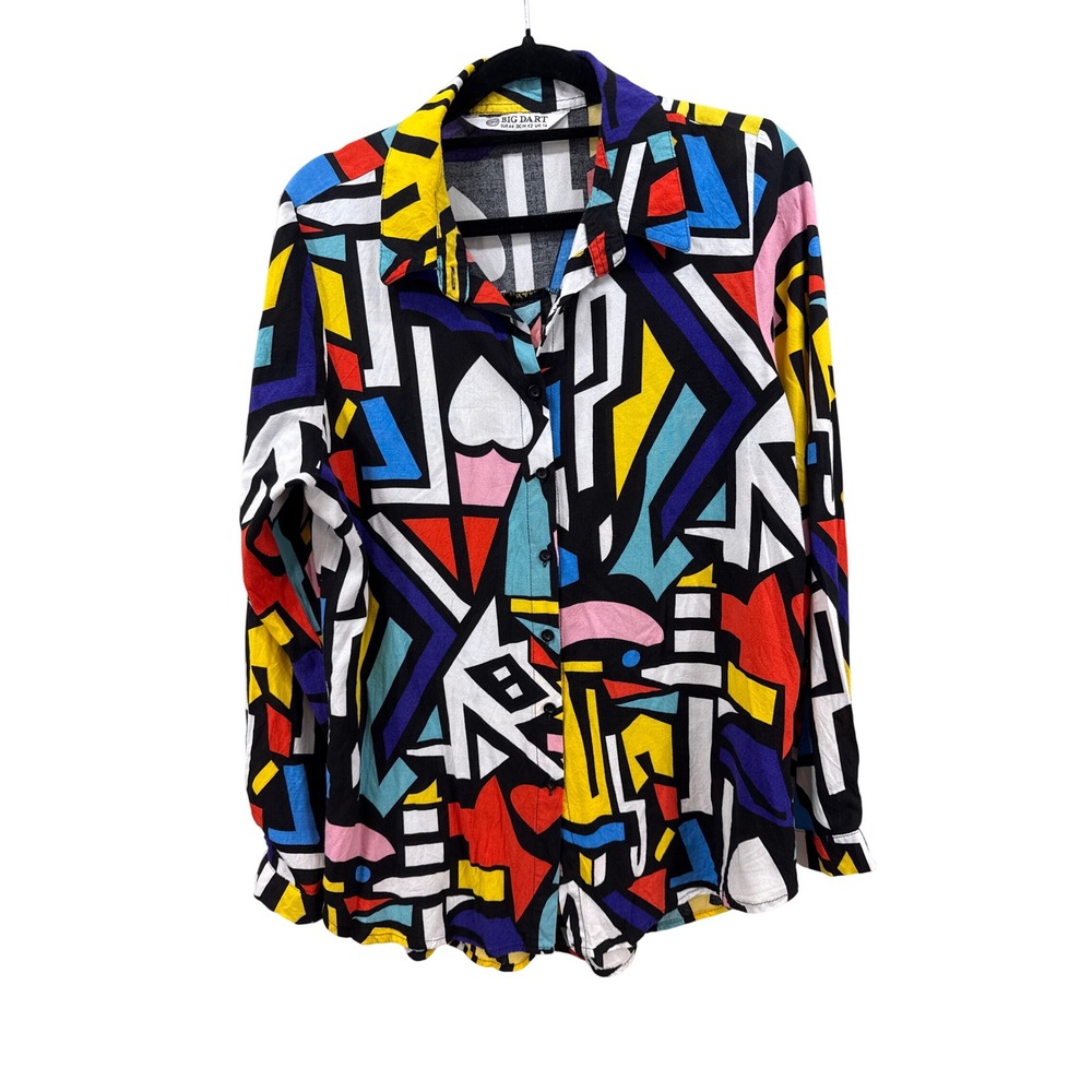 Big Dart Abstract Geometric Heart Print Button Down Viscose Shirt Size UK 14